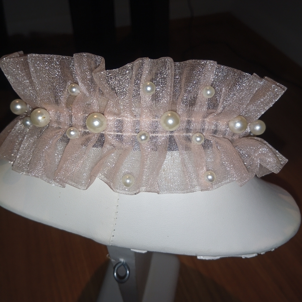 Gorgeous Pink Ruffled Tulle Headband with Faux Pearls | Bridal, Coquette, Fairyc - Picture 3 of 13